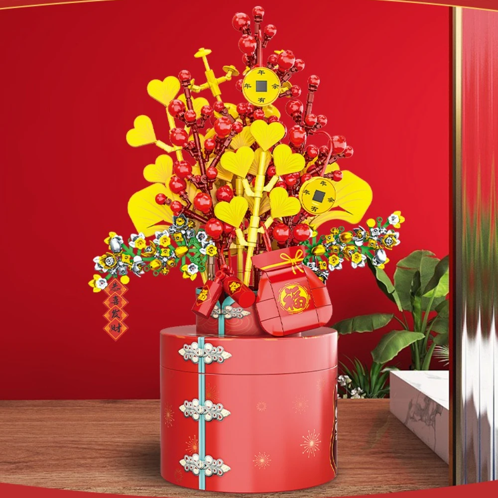 

MOC New Year Countdown Love Fortune Luck Flowers Bloom Building Blocks Set Joyous Wedding Occasion Decor Toy Christmas Xmas Gift