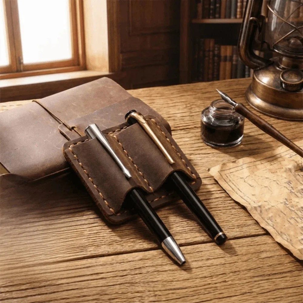 Picture 4: Double Vintage Leather Pen Loop Holder Metal Clip Elegant Retro Pen Holder Dual Pen Slots Anti-lost Leather Pen Clip Stationery