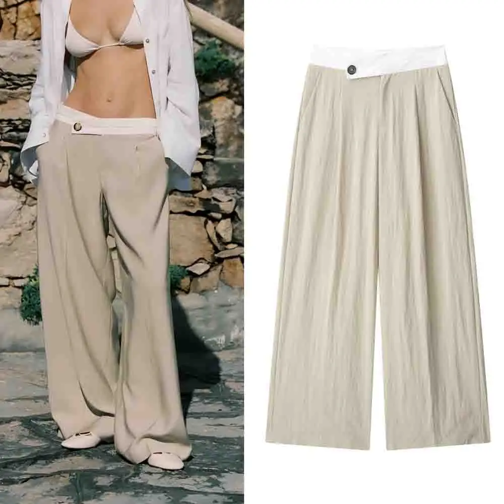 

Women's 2025 New fashion patchwork waist design loose comfortable pleated wide leg pants retro side pocket buckle women's pants