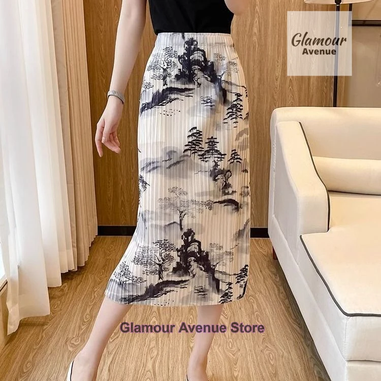 French slit pleated slim floral skirt female summer new fashion ink painting gradient elastic waist long A pleated skirt