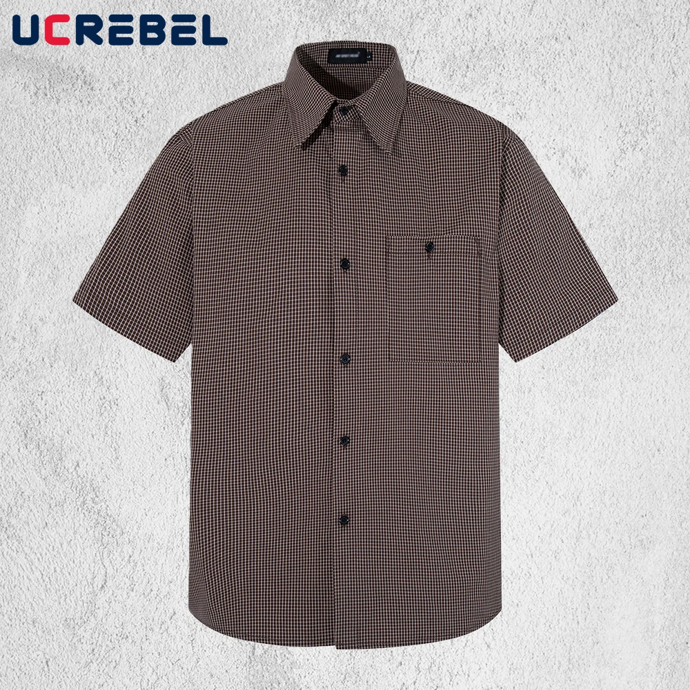 

Мужская летняя рубашка в клетку с коротким рукавом, в стиле ретро, уличная мода, на одной пуговице, с отложным воротником, свободного кроя, из хлопка