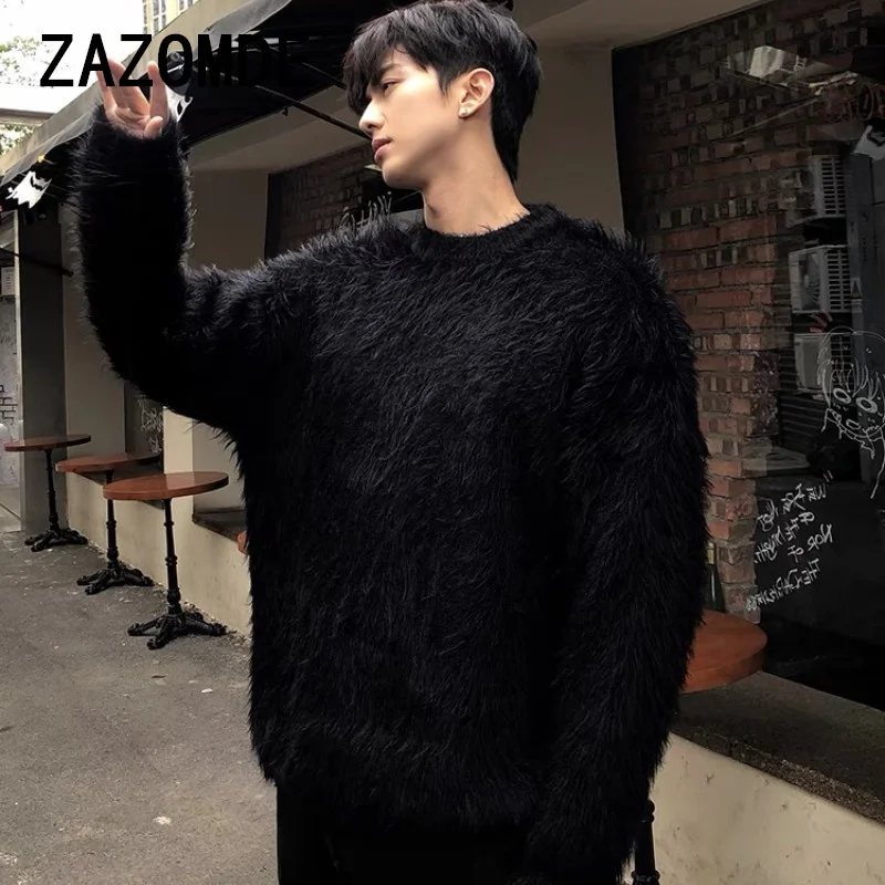 ZAZOMDE 2024 Men Autumn Winter New Oversize Solid Color Knitted Jumpers Male O-neck Sweater Tops Men Long Sleeve Warm Pullovers