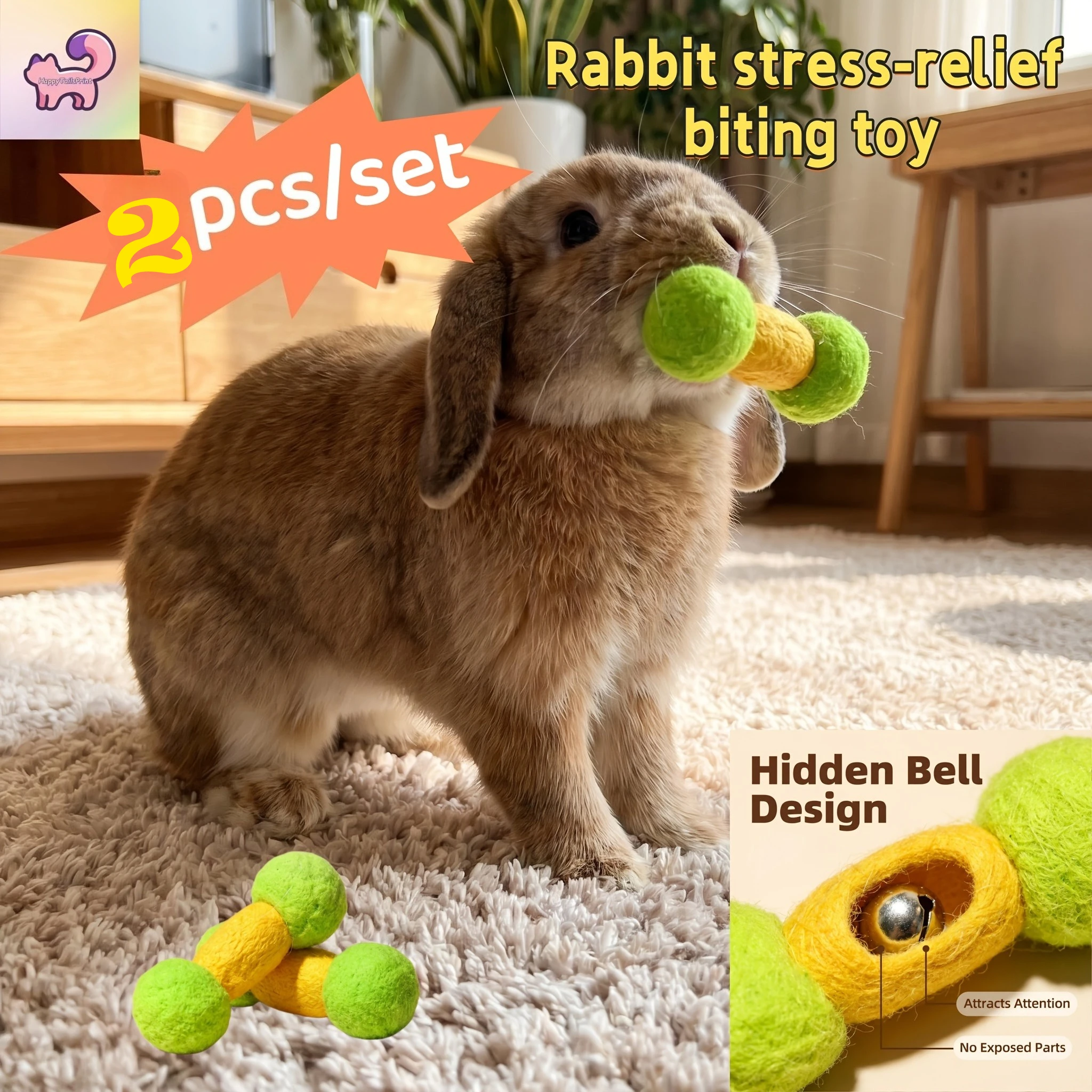 2Pcs Random Color Bell Felt Dumbbell Toys, energy releasing chew toys for rabbit self-entertainment