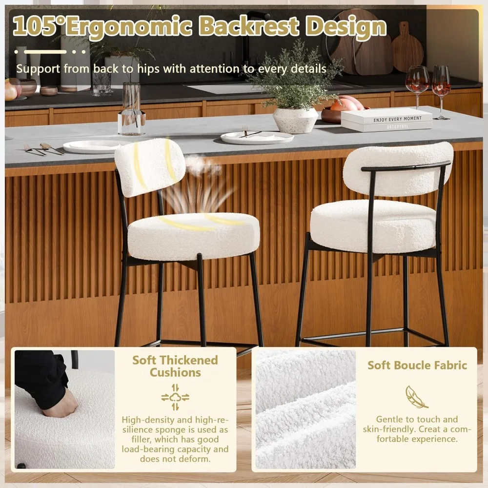 Sgabelli da bar Set di sgabelli da bar Boucle da 3,24 pollici Sgabello da bar ad altezza bancone con gambe in metallo con schienale curvo, sgabelli da bar moderni imbottiti