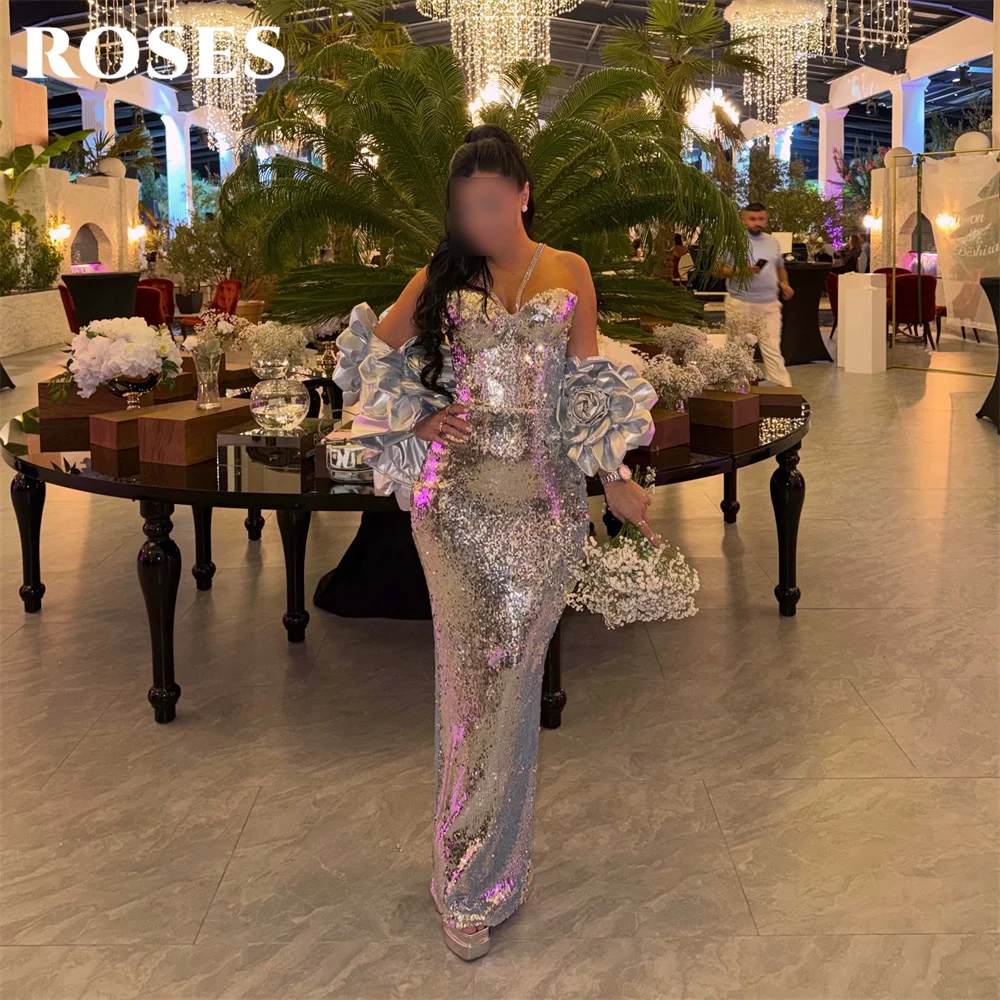 ROSES Silver Sequin Mermaid Prom Dress 3D Big Floral Evening Dress Off Shoulder Party Dress Sweetheart Robe De Soirée Customized