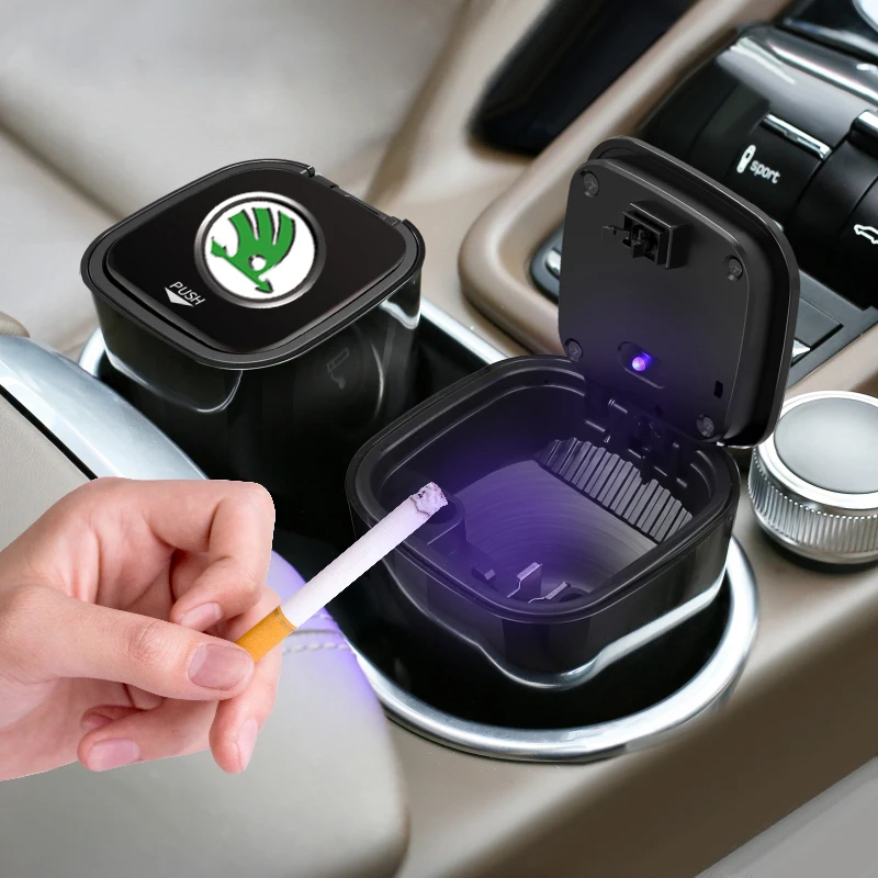 High-Grade Car Ashtray With Led Lights With Logo Creative Persona For Skoda Octavia A5 A7 RS Fabia Superb Accessories