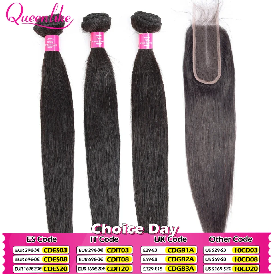 Queenlike 30inch Straight Human Hair Bundles With Closure Brazilian Raw Hair Weave Bundles With 2x6 Deep Kim Closure and Bundles