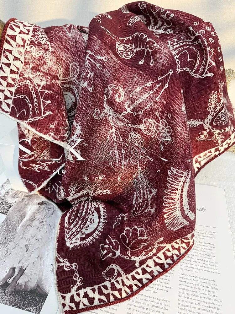 ワインレッドヴィンテージシルクウールブレンドスカーフ芸術的な高級感のある女性用ショールショルダーラップ花柄装飾アクセサリー