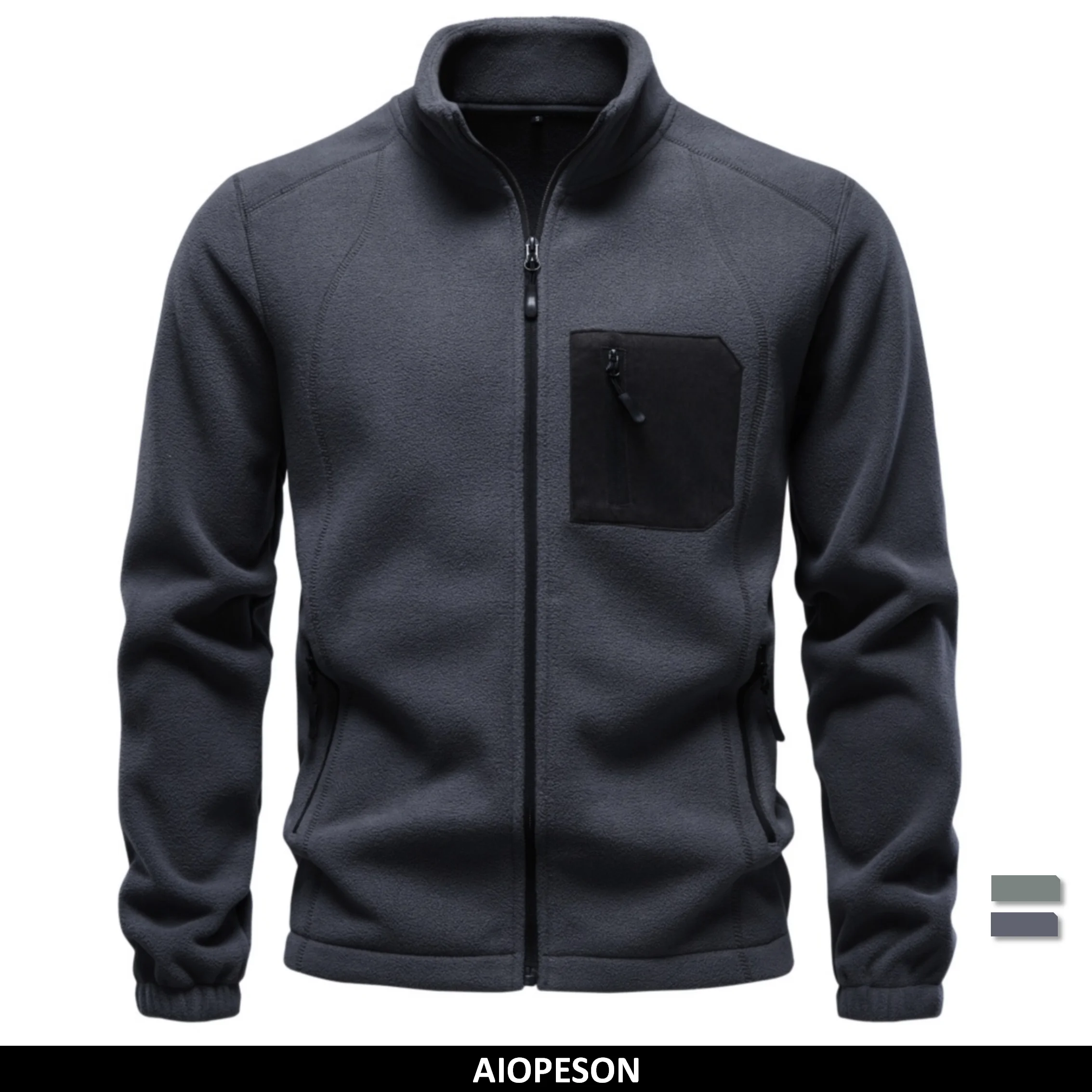 AIOPESON Men Fleece Jacket Full Zip Mock Neck Polar Fleece Sweatshirt Thermal Multi Pocket Outdoor Casual Autumn Winter Coat