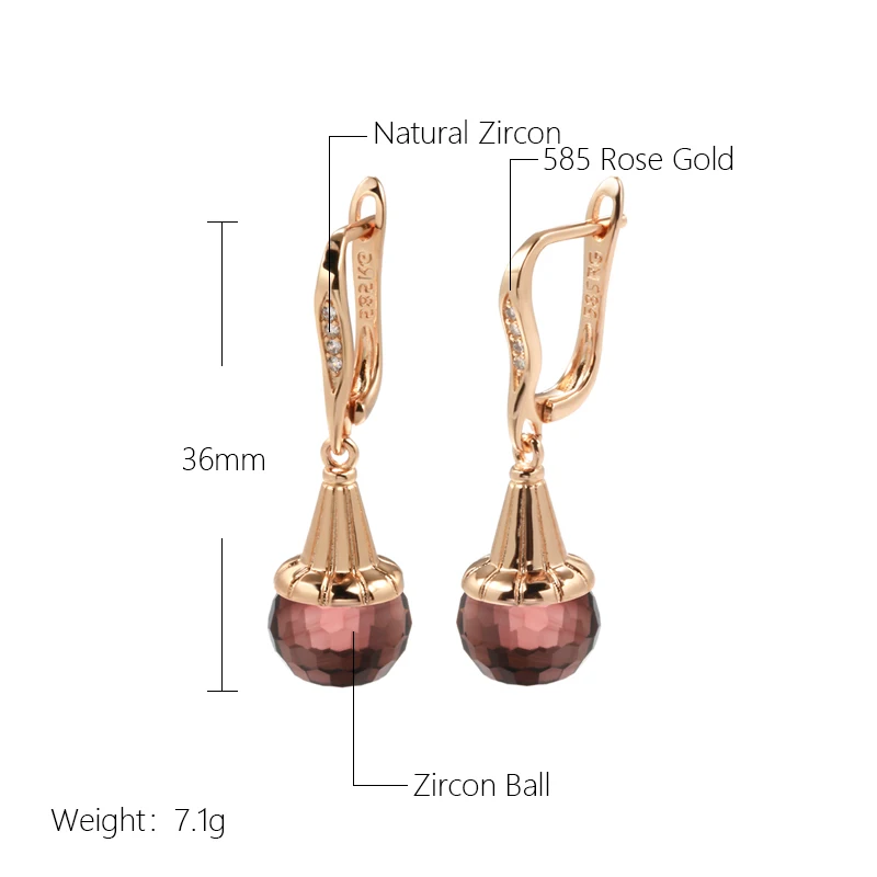 New 585 Rose Gold Glass Ball Drop Earrings Deep Red Football Cut Blue Crystal Hang Ear Long Earrings Lady Party Unusual Jewelry