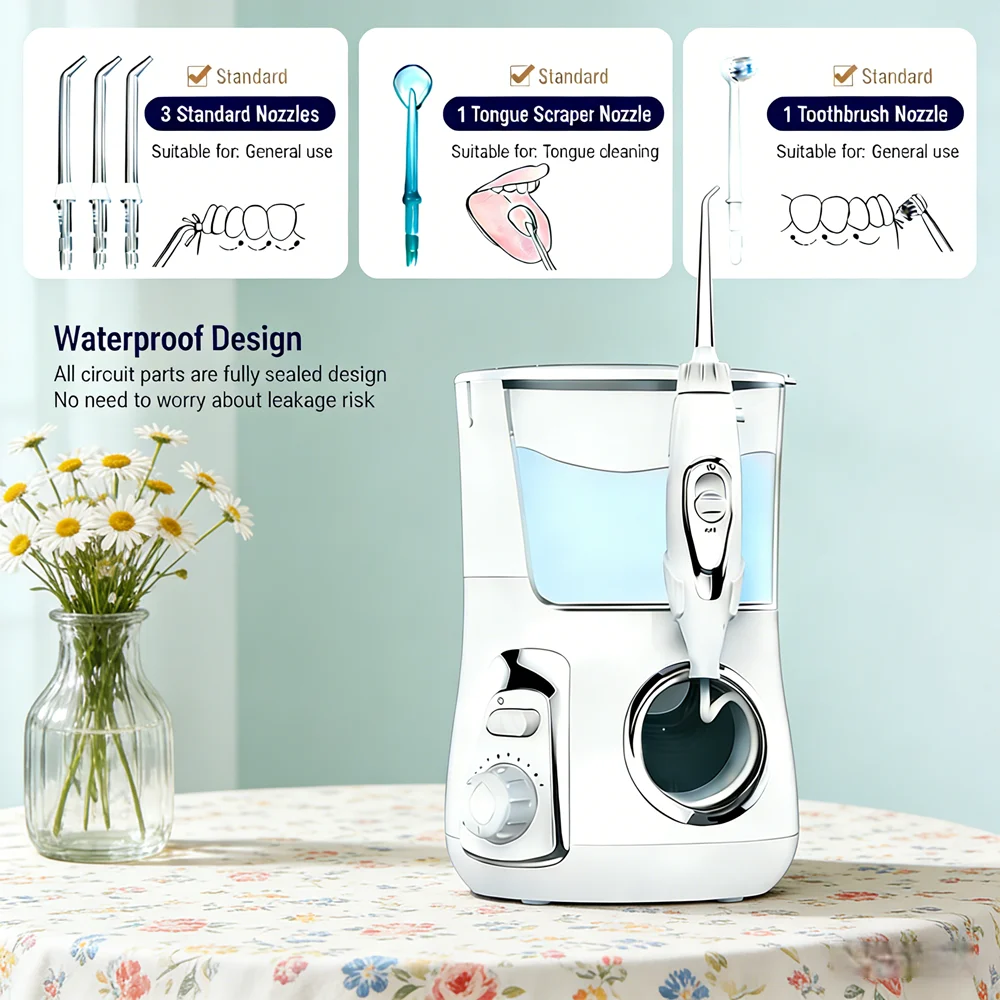 

800ML Desktop Electric Dental Irrigator 10 Modes Water Flosser High Performance Oral Cleaner with 5 Multi-Purpose Nozzles