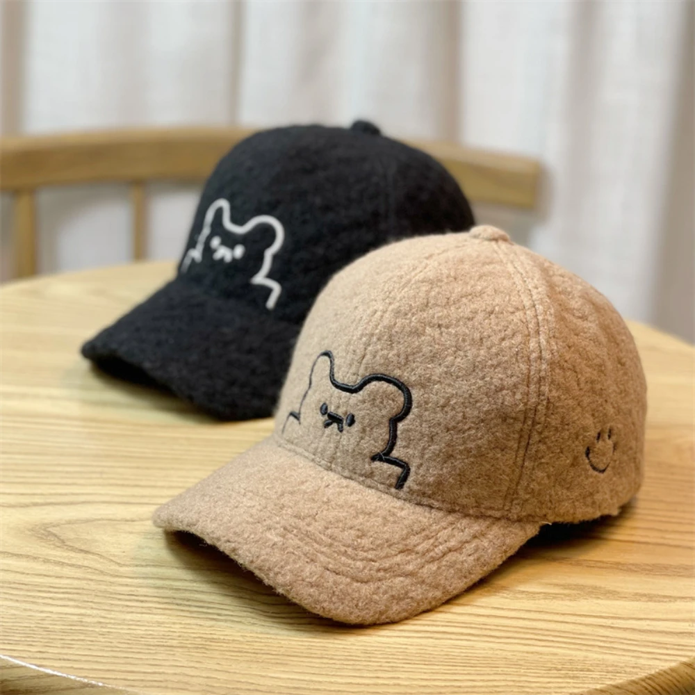 Winter Plush Baseball Cap For Women Thickened Sherpa Warm Panama Hat Solid Color Peaked Cap Cartoon Bear Girl Hat