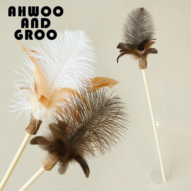 Wooden Stick Ostrich Wool Cat Teaser Wand Kitty Interactive Toys Kitten Funny Feather Colorful Rod Teaser Wand Pet Cat Supplies