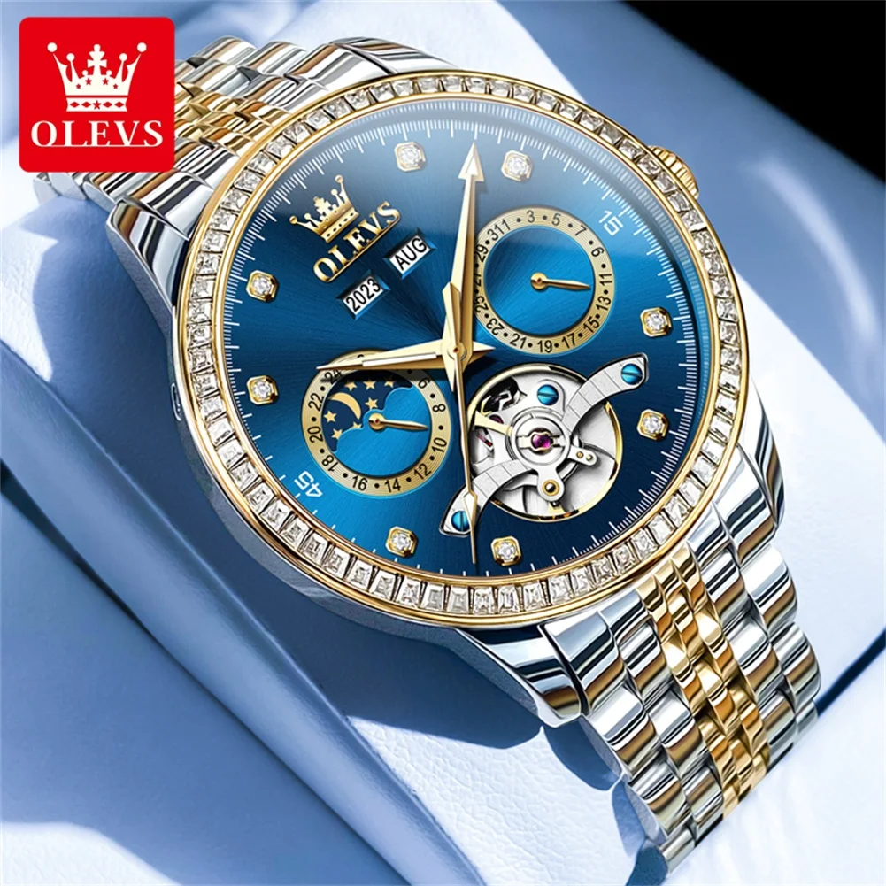 

OLEVS 7016 Flywheel Men Watch Business Calendar Luminous Waterproof Moonphase Watch Luxury Brand Men Automatic Mechanical Watch