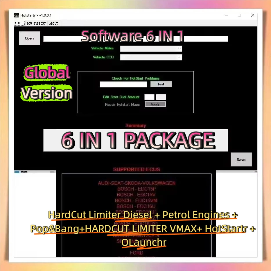 

Software ECU pop bang Paquete 6 en 1 Limitador de corte duro Motor diésel/gasolina UltraCuttr/Pop&Bang/HARDCUT VMAX/HotStartr/QL