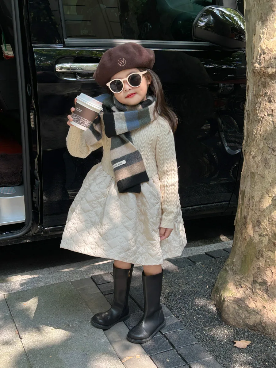 Girls Clothes New Autumn and Winter Dress 2024 Sweater Splicing Cotton Girls Solid Color Casual Simple Fashionable Girls Dress