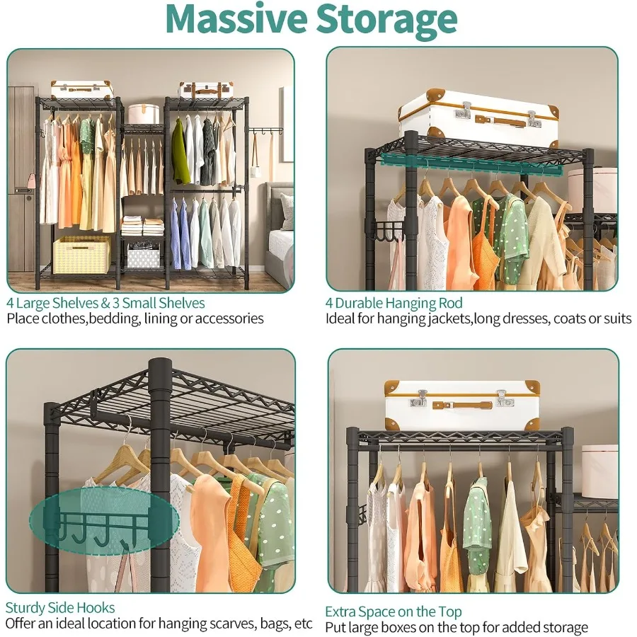 رف ملابس عالي التحمل للاستخدام المنزلي أو التجاري الصغير: رف ملابس محمول قائم بذاته مع 7 أرفف سلكية قابلة للتعديل و4