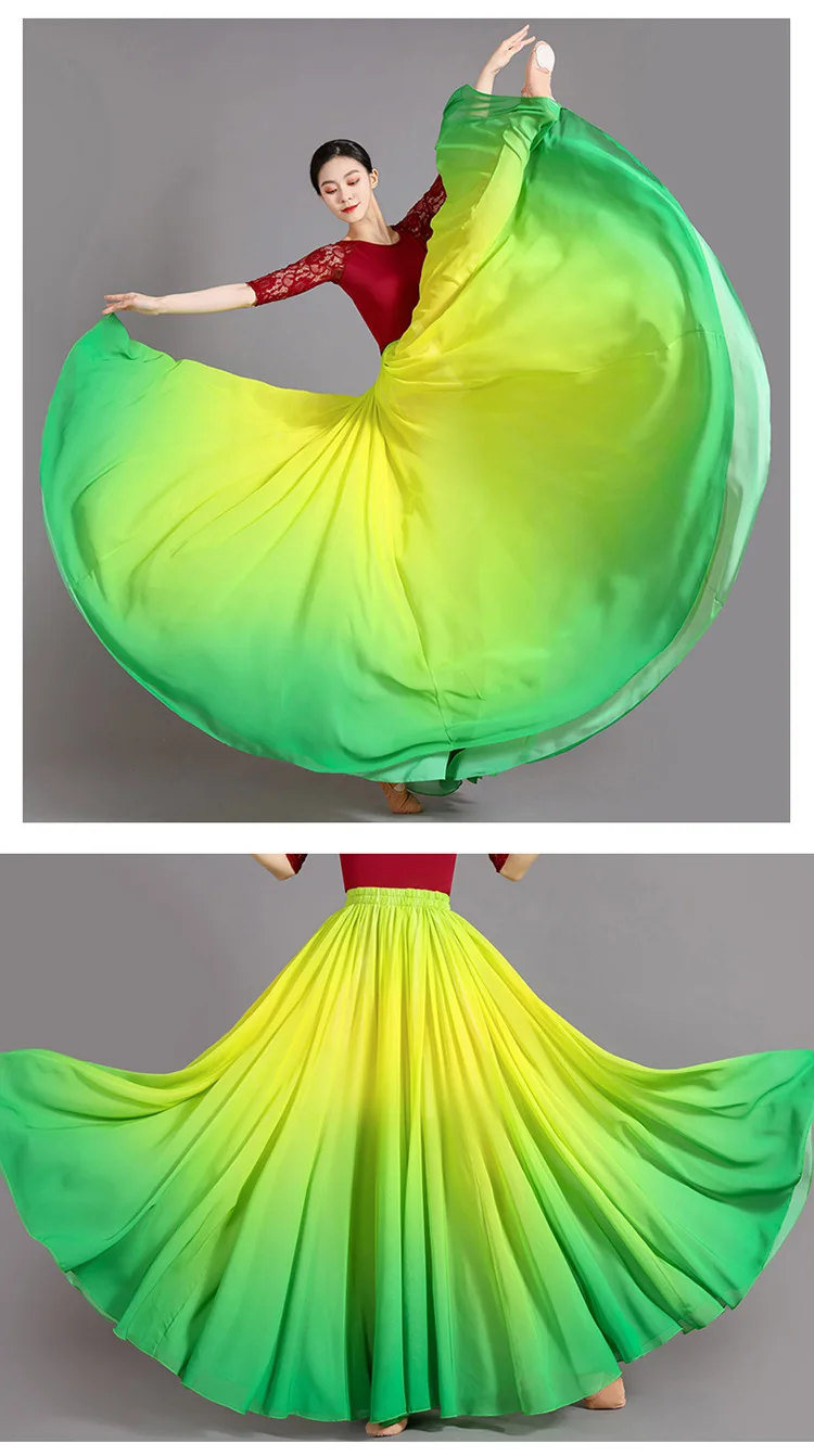Women's 360-720 Degrees Big-hem Dance Skirts Gradient Color Chiffon Maxi Skirts Elastic-waist Elegant Square Dance A-line Skirts