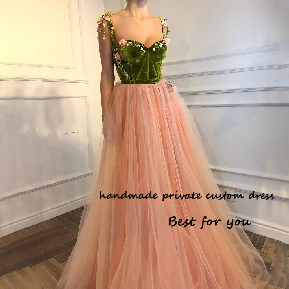 

Pink Tulle A Line Teens Prom Party Dresses Green Velvet Sweetheart Evening Dress 3D Flower Spaghetti Straps Long Homecoming Gown