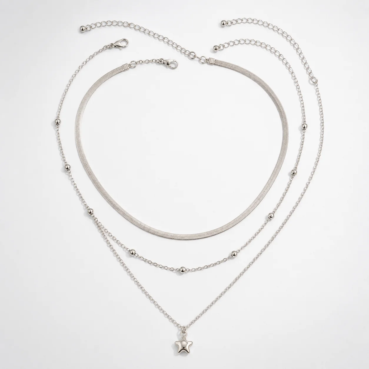 Mit Geschenkbox 3-teiliges versilbertes mehrlagiges Halsketten-Set für Damen, Sternanhänger, Perlenkette, Fischgrät-Choker, trendiges Schmuckgeschenk – Detail 3