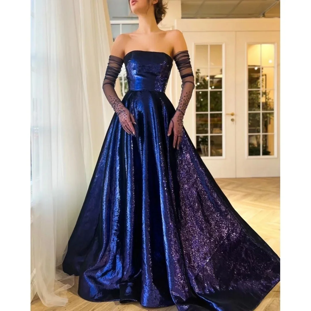 

Blue Sequins Sparkly Long Bespoke Occasion Gown Evening Dresses Prom Pastrol Unisex Jersey Retro Dubai Saudi Arabic Customized