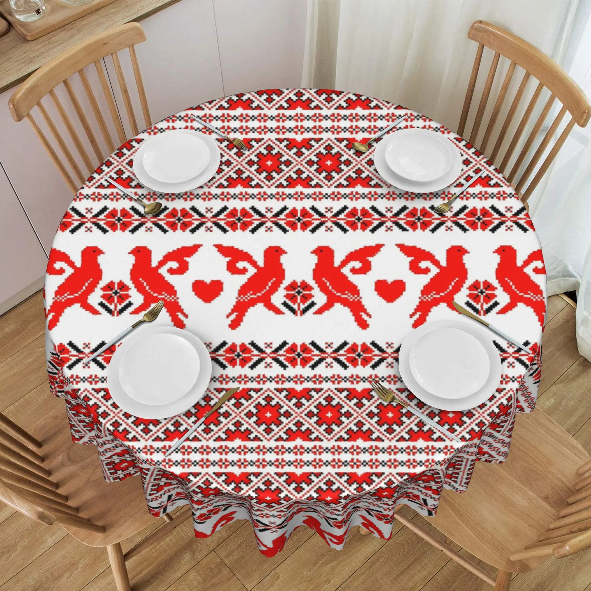 Nappe ronde ukrainienne brodée Vyshyvanka, 70 pouces, pour cuisine et salle à manger, imperméable, style bohème géométrique