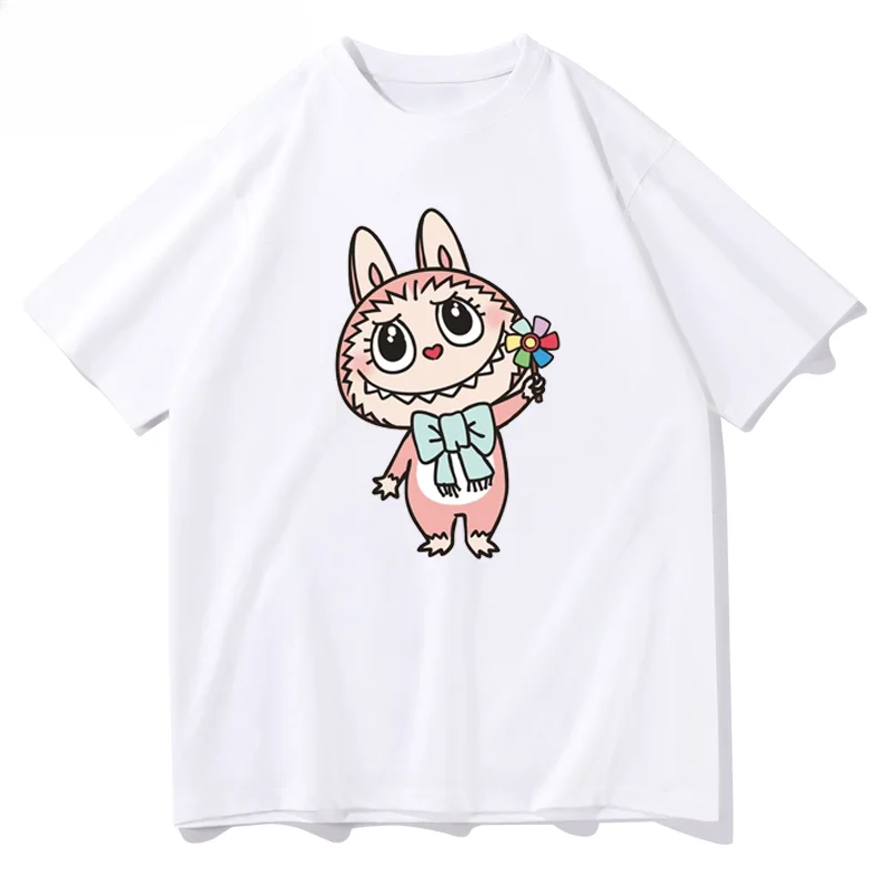 Labubu Graffiti Series Printed T-shirt Men and Women Pure Cotton Lazy Wind Short Sleeve Cartoon Trend Oversized Top