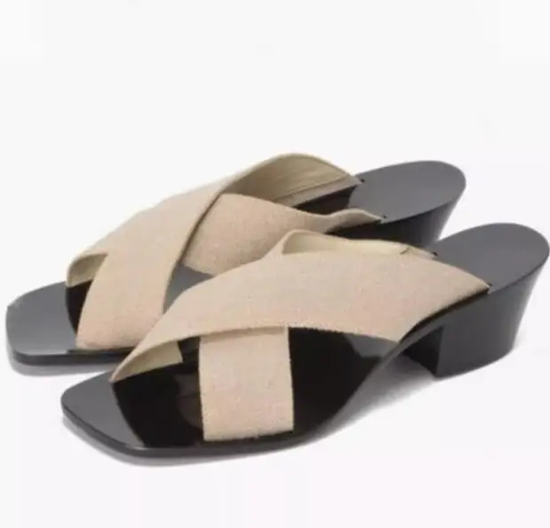 Fashion Women Thick Linen Straps Crossed Peep Toe Slipper Med Heels Leisure Mules Hemp Cloth Slide Shoes
