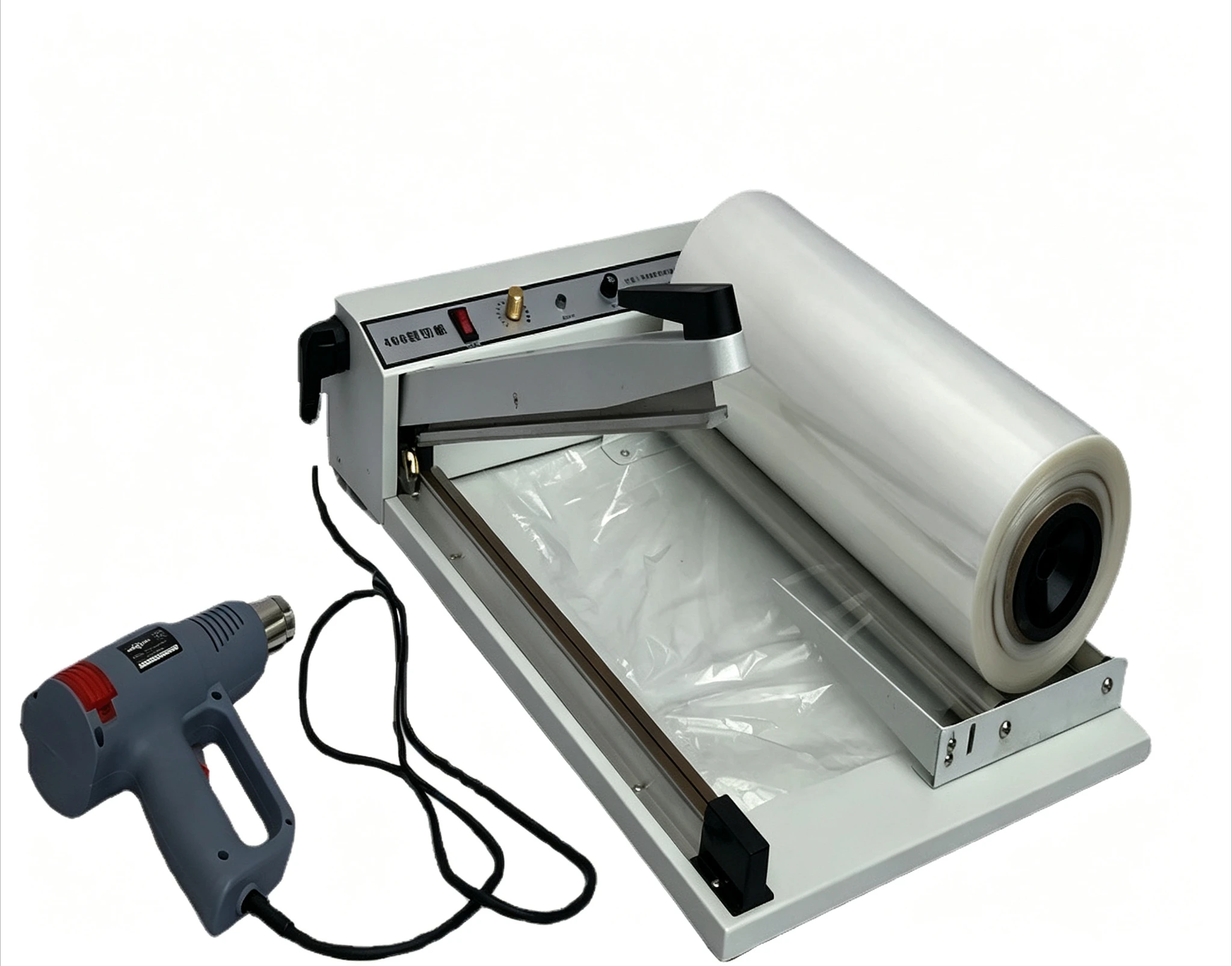 Shrink Film Sealing Cutting Machine 600mm Heat Shrink Packaging Machine with Hot Air Gun Manual Sealer Cutter for Bottle Box Jar