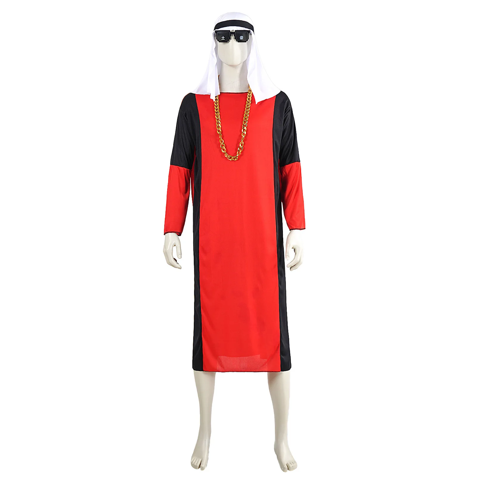

Halloween Costume Arabian Dress Middle East Rich Man Dubai Prince Performance Red And Black Long Robe Masquerade Party Cosplay