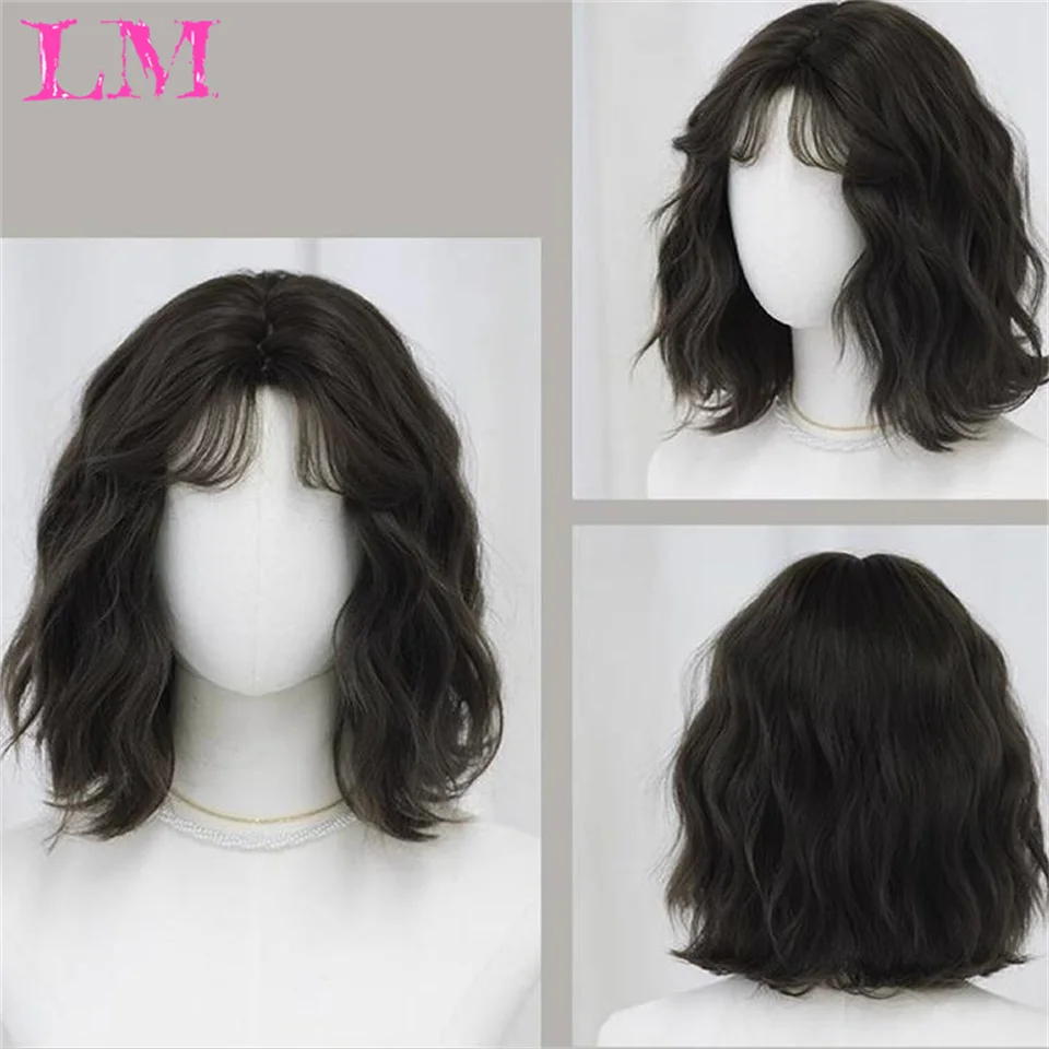 LM Short Wavy Honey Brown Copper Synthetic Wigs with Bangs Cosplay Lolita Bob Wig for Women Afro Daily Natural Heat Resistant Ha