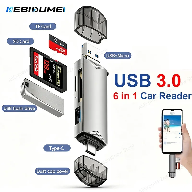 KEBIDUMEI 6 in 1 Card Reader USB3.0 to Type C SD TF High-speed Transmission Flash Drive Support for 2TB OTG Adapter for Laptop