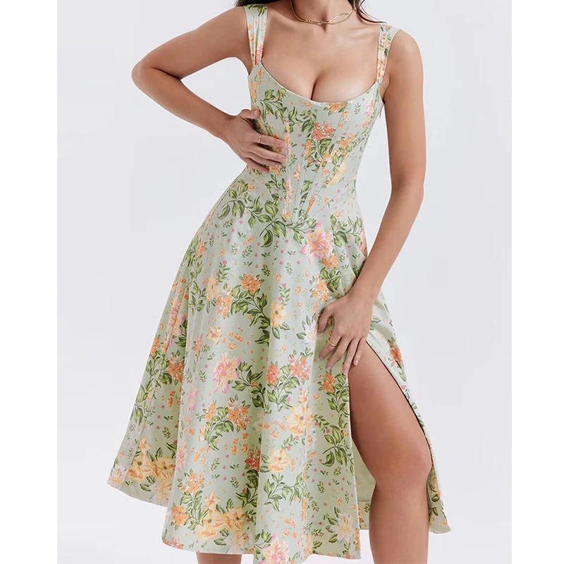 Corpiño Floral para mujer, vestido moldeador de cintura, vendaje con cordones en la espalda, vestido de verano para vacaciones, bata de fiesta