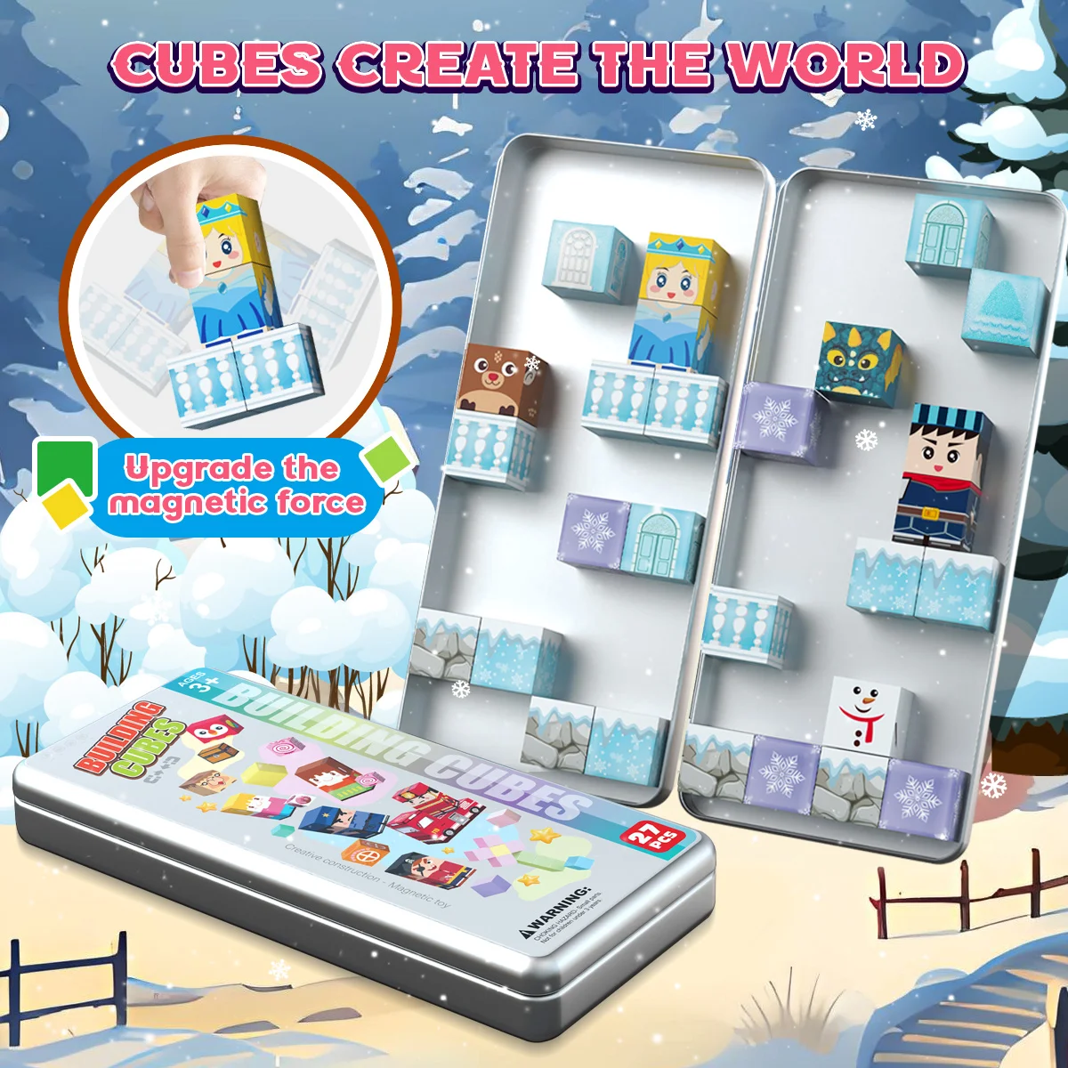 Conjunto de blocos magnéticos de caixa de ferro infantil, brinquedos magnéticos de empilhamento de castelo de gelo e neve, brinquedos de construção gratuitos, brinquedos de quebra-cabeça infantis