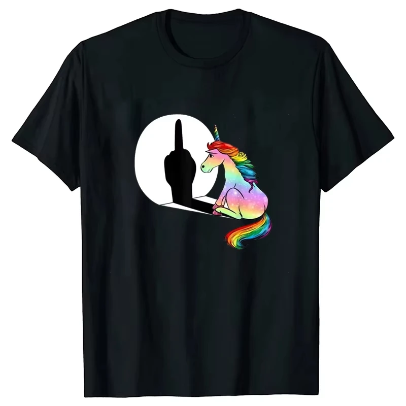 Xiaoma Baoli Camiseta infantil con estampado de dibujos animados de unicornio colorido, cuello redondo, algodón, camiseta para padres e hijos, manga corta