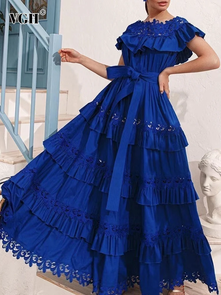 VGH Patchwork Lace Evening Dresses For Women Round Neck Sleveless High Waist Spliced Blets A Line Long Dress Female Fashion New