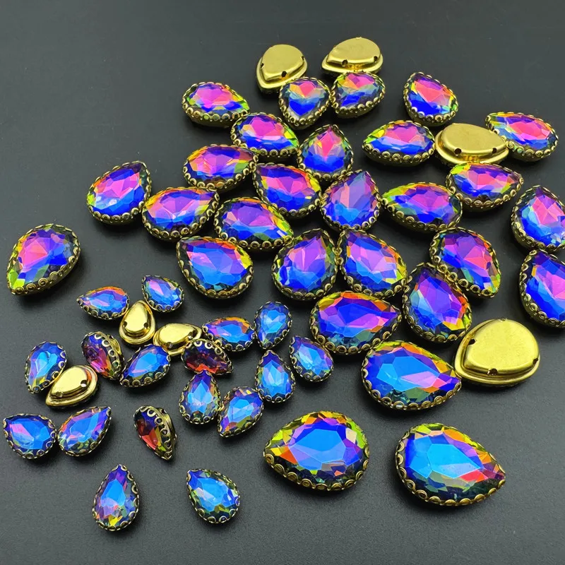Rainbow AB Color Pointback Drop Sew On Rhinestone Gold Lace Claw Pear Shape Loose Rhinestone DIY Wedding Decoration Accessories