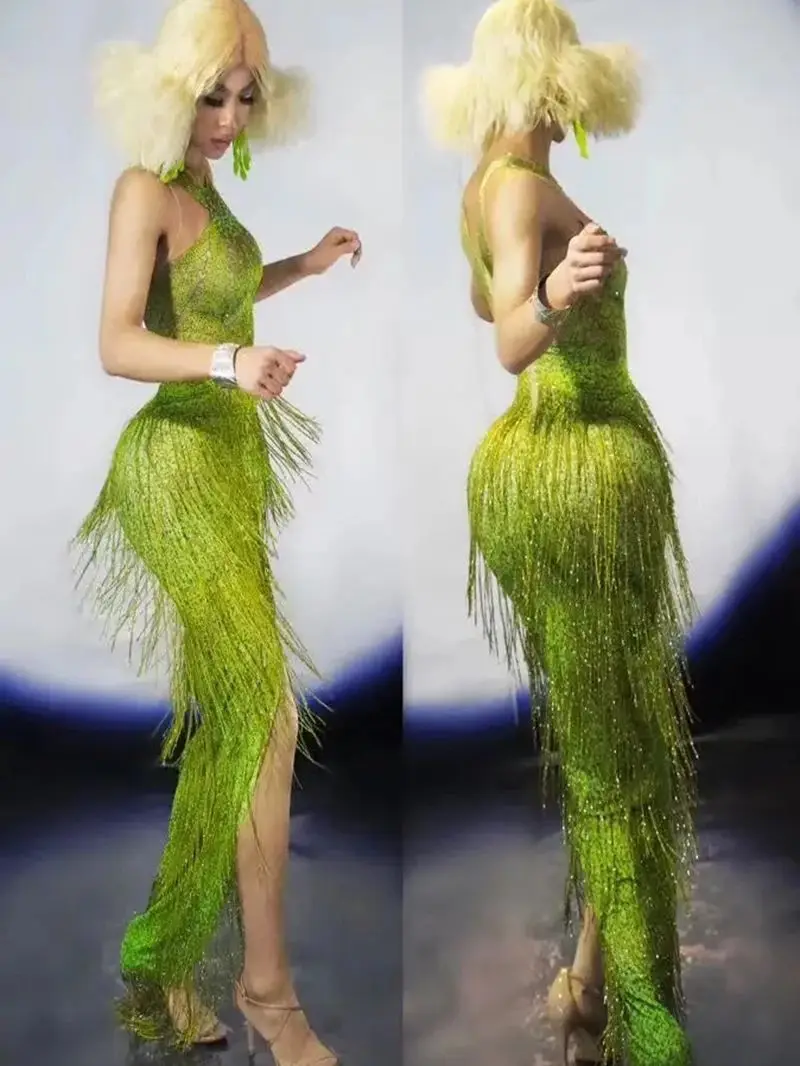 Sexy green teapot tassel dress Nightclub bar female singer DJ guest gogo  costume