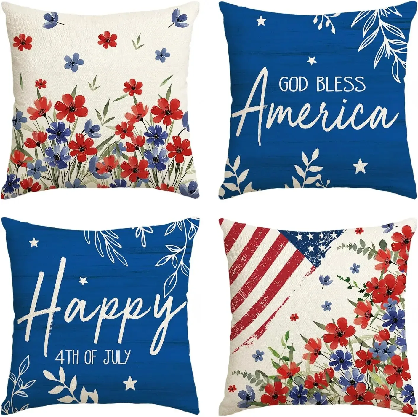 Happy 4th of July Patriotic Independence Day Memorial Day USA Flag Cushion Case Decorations Set of 4