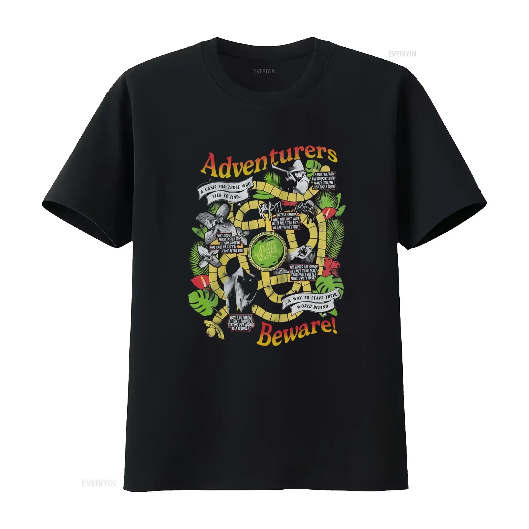 Camiseta preta para aventureiros, inspirada no design oficial Jumanji Jungle Quest, estilo vintage lavado, elegante, para uso diário.