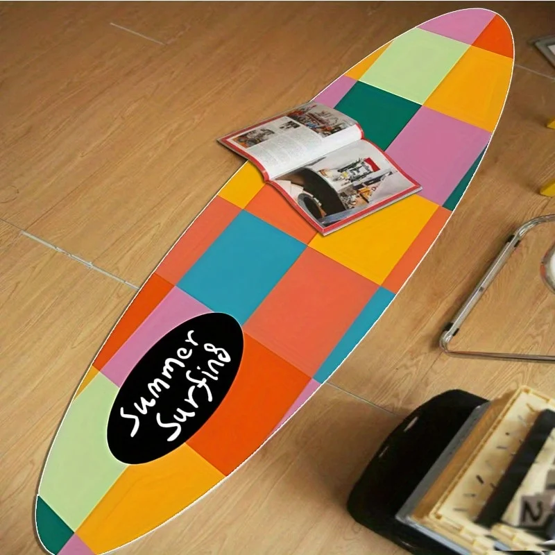 Colorful Checkerboard Surfboard Shaped Rug, Summer Surfing Irregular Fluffy Floor Mat, Non Slip Trendy Color Block Carpet for Be