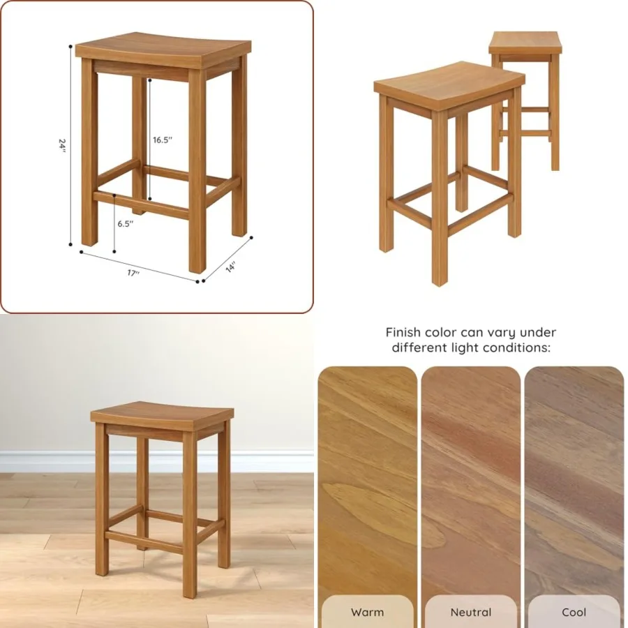 

Smith Collection Solid Wood Counter Height Bar Stool, 24-Inch Saddle Seat Backless Stool, Ideal for Kitchen Island, Dining, or