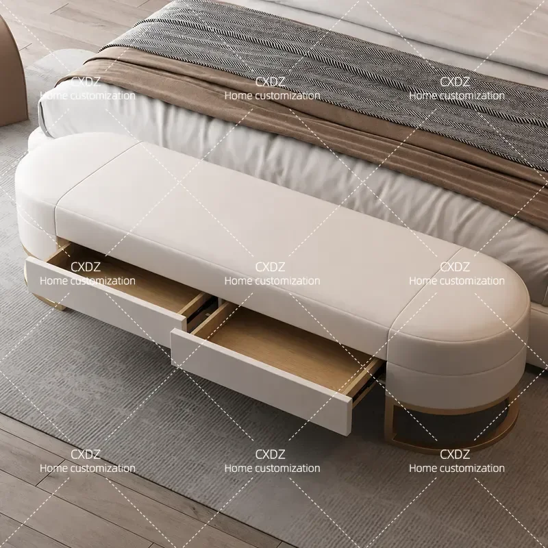Luxury Leather Bedside Stool Solid Wood Storage Bench for Bedroom Entryway Shoe Changing Seat High End Home Furniture