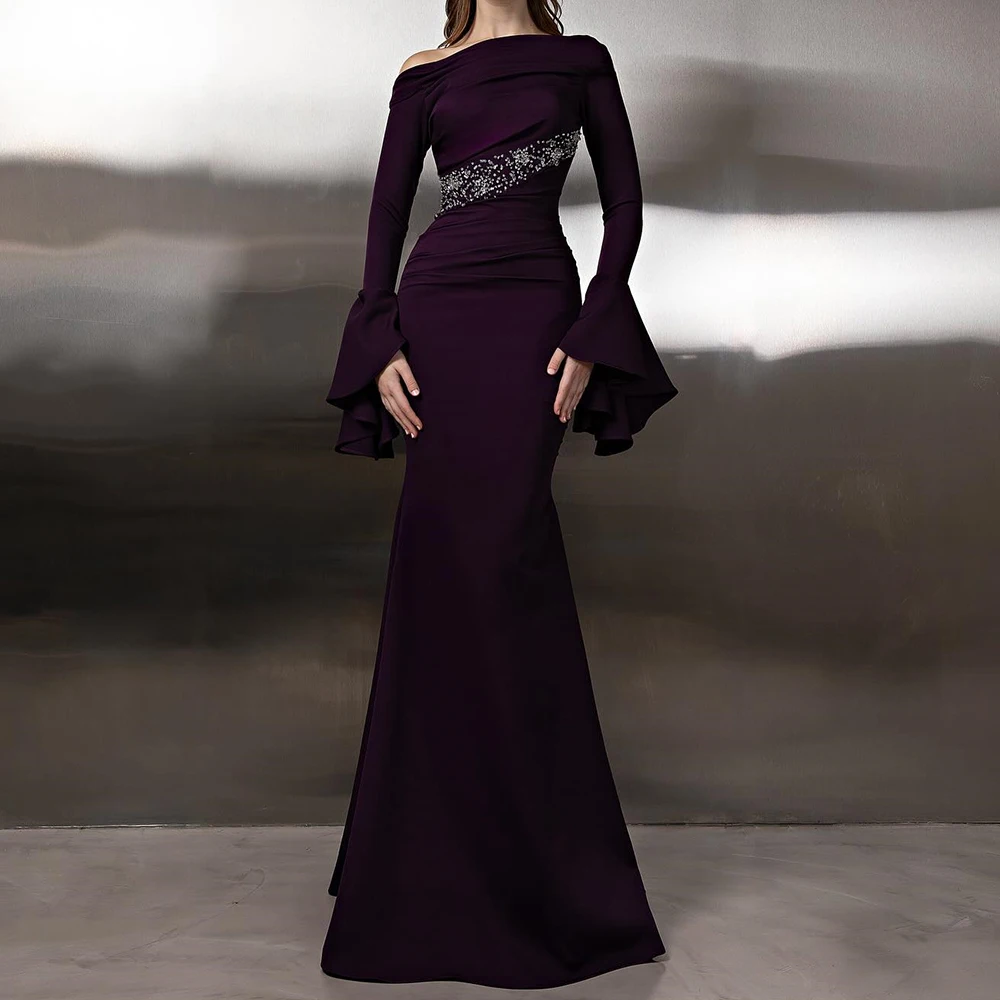 Robe de soirée de forme sirène, personnalisée, longueur au sol, col bateau, manches longues, robe de bal, plissée en cristal, Simple, drapée