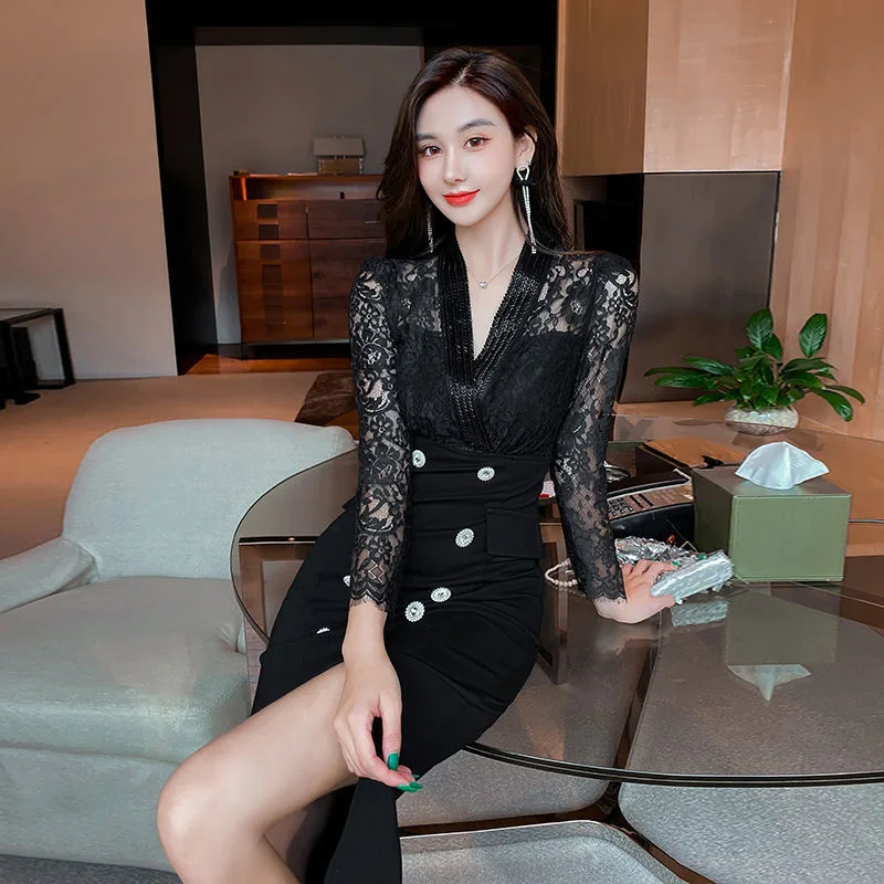 

Hot sale No. 98 2024 new style female celebrity temperament beaded lace dress long hip-wrapped bottoming evening dress