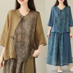 Linen Set Women 2 Pieces Latest Style 2023 New Summer Literary And Artistic Retro Chinese Button Up Tops Skirt Print Suit Z1226