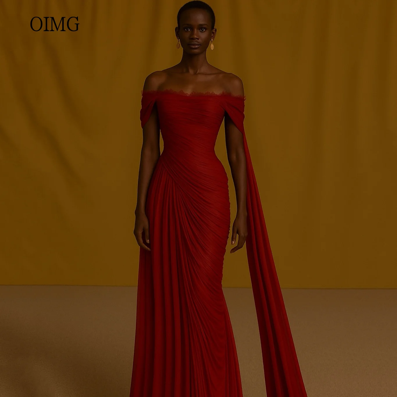 

OIMG Red Off The Shoulder Mermaid Prom Gowns Backless Pleated Party Gown Floor Length Evening Dress vestidos de gala Customized