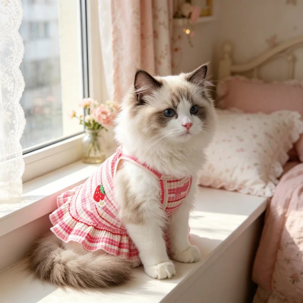 1pc Summer thin pet camisole vest, new embroidered strawberry camisole teddy bear cat camisole skirt view 4