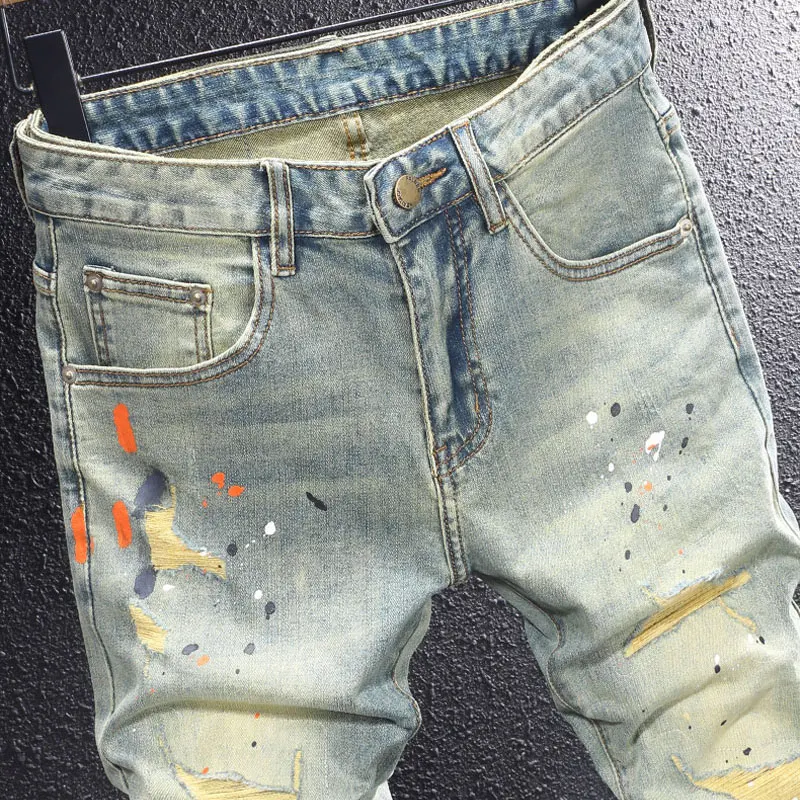 Street Fashion Designer Men Jeans Retro Washed Stretch Slim Fit Painted Ripped Jeans Men Y2K Vintage Casual Denim Pants Hombre