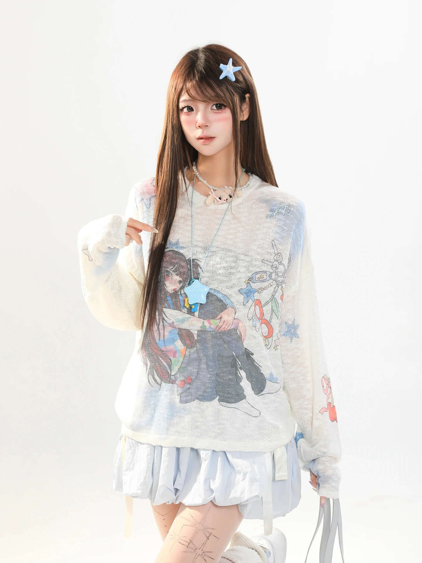 Long Sleeve Anime Print T-Shirt Women's Casual Loose Sweet Versatile Top Breathable Cotton round Neck Spring Fashion